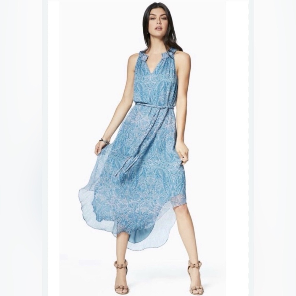 Ramy Brook Blue Paisley Midi Dress Women L Belted Jolie $465 Flowy Ethereal